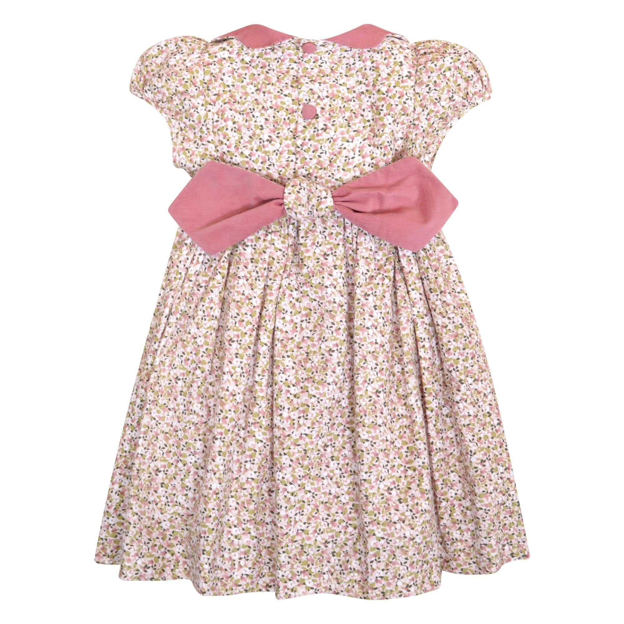 Ritha, Robe à manches ballons, col en velours festonné, taille smockée, en imprimé fleuri rose et kaki - Ritha, Dress with balloon sleeves, scalloped velvet collar, smocked waist, in Pink and khaki flower print