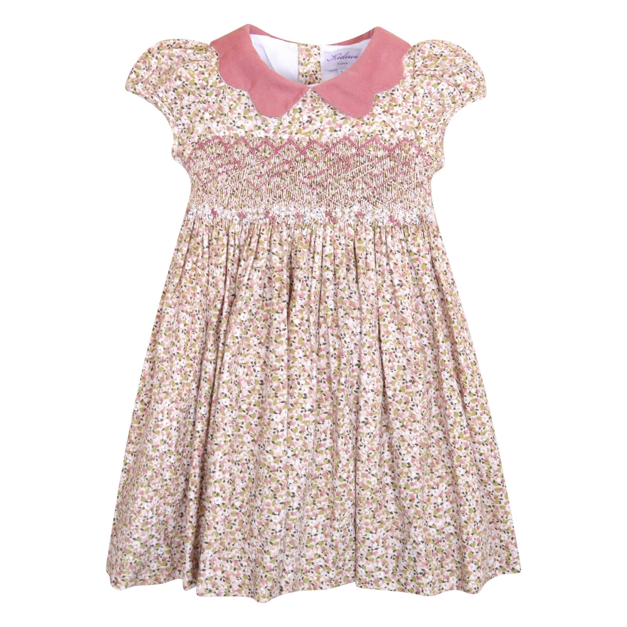 Ritha, Robe à manches ballons, col en velours festonné, taille smockée, en imprimé fleuri rose et kaki - Ritha, Dress with balloon sleeves, scalloped velvet collar, smocked waist, in Pink and khaki flower print