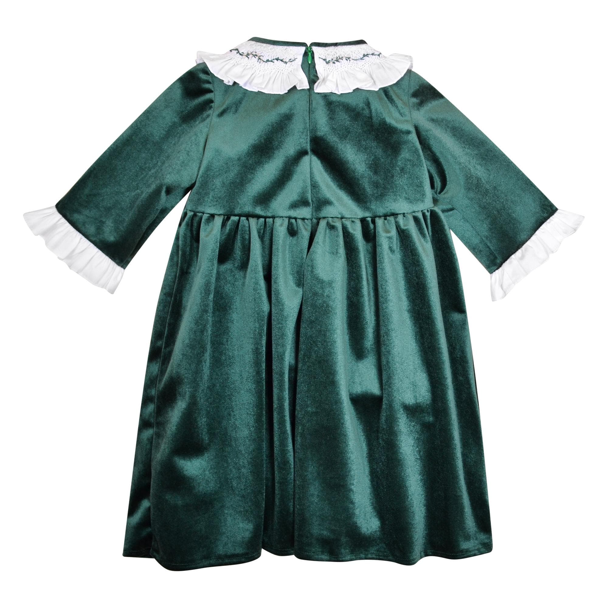 Swann, Robe à col volanté smocké et brodé, découpe taille arrondie, ouverture dos zippée, en velours vert Emeraude - Swann, Dress with smocked and embroidered ruffle collar, rounded waist cutout, zipped back opening, in Emerald green velvet