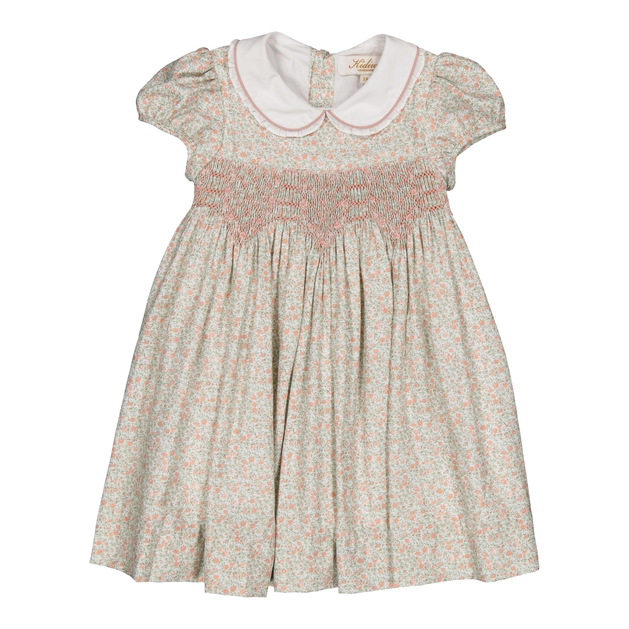 Sybelle, robe à smocks, rose vif et imprimé thé