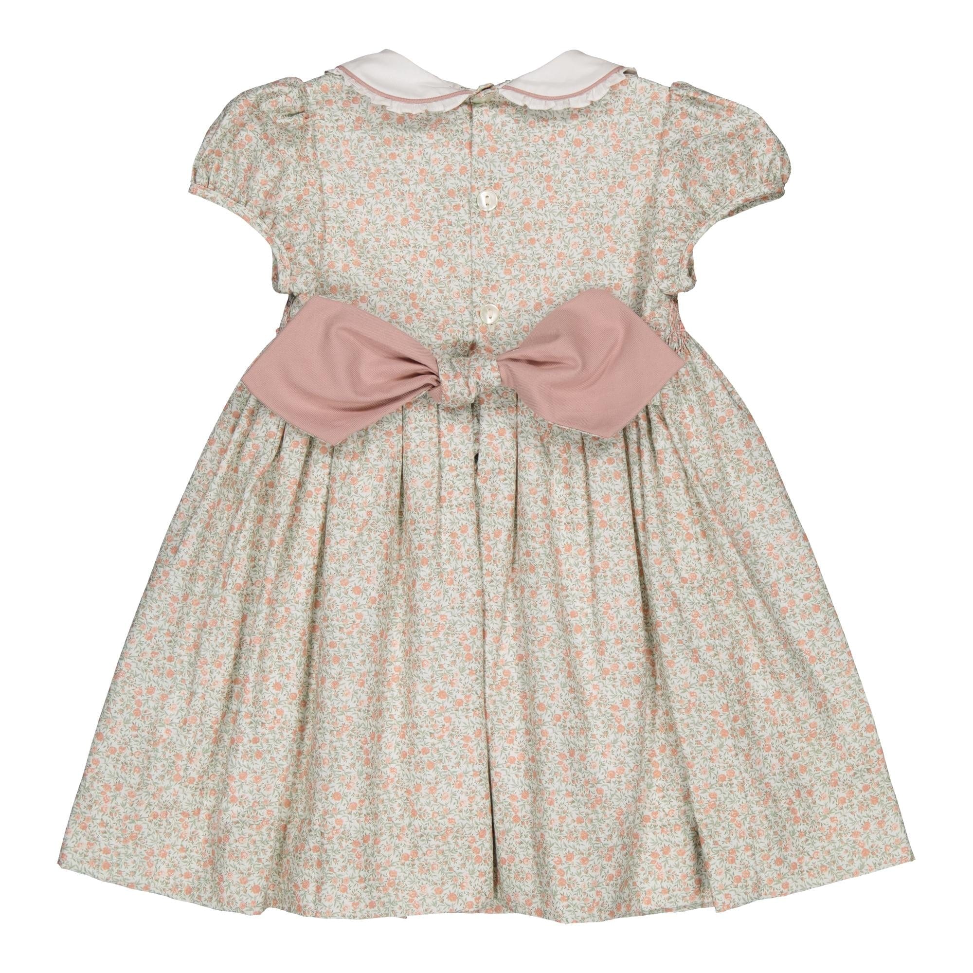 Sybelle, robe à smocks, rose vif et imprimé thé