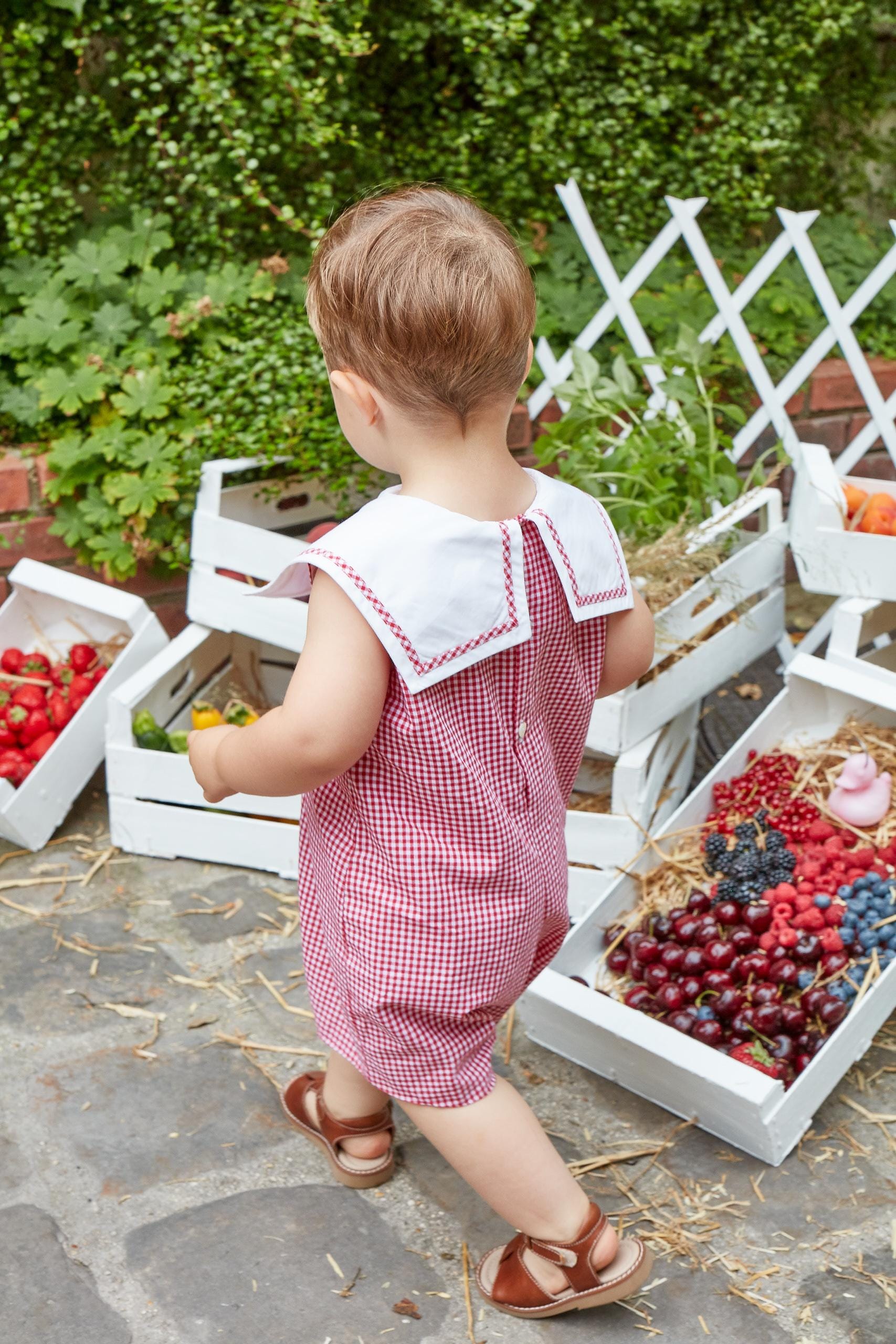 Vipérine, baby romper with white sailor collar, in Little red gingham