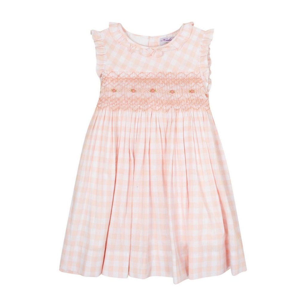 AcaciaSleeveless dress with ruffled collar and sleeves, smock at the waist,  nude gingham 10mm