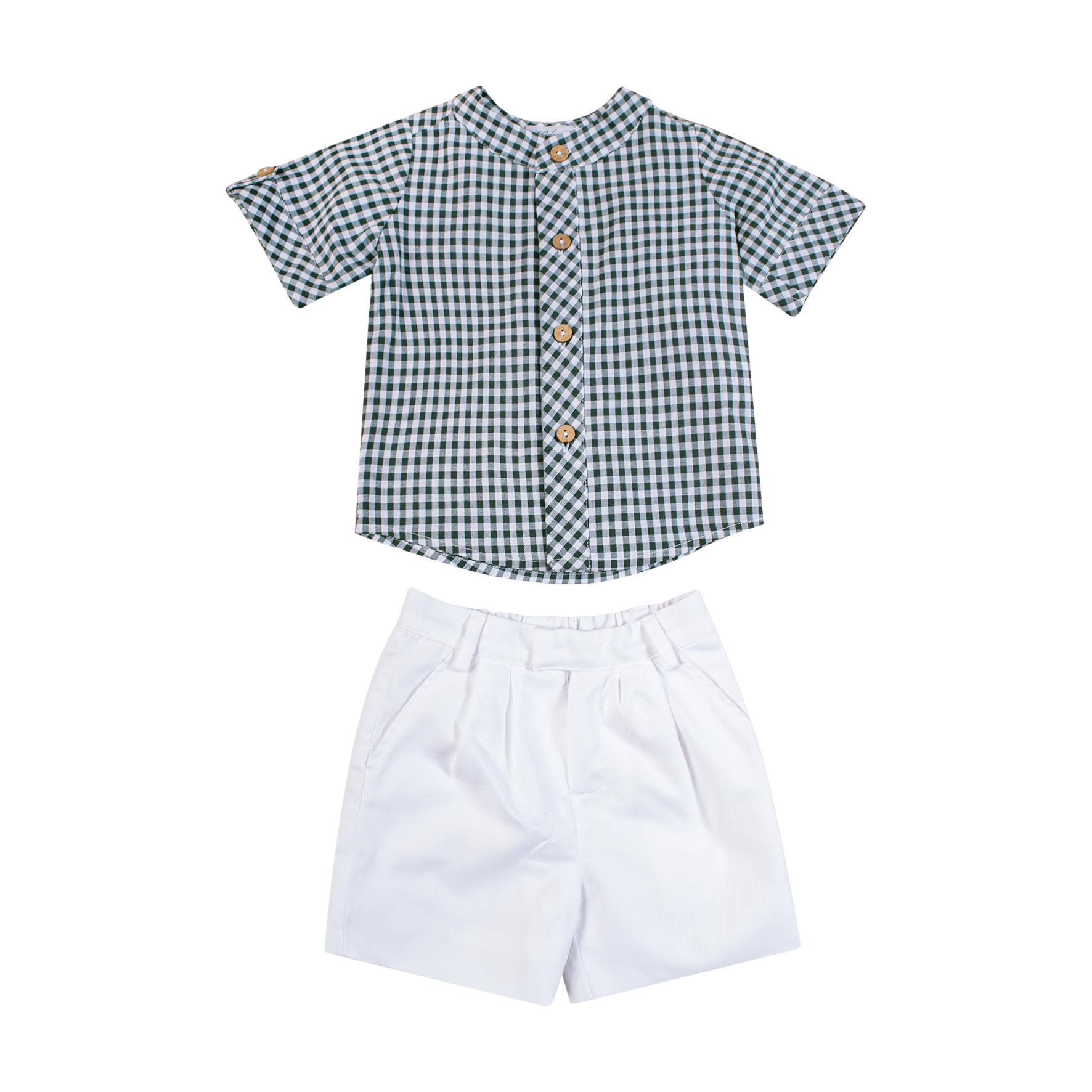 Chemise manches courtes col mao et boutons coco, vichy kaki