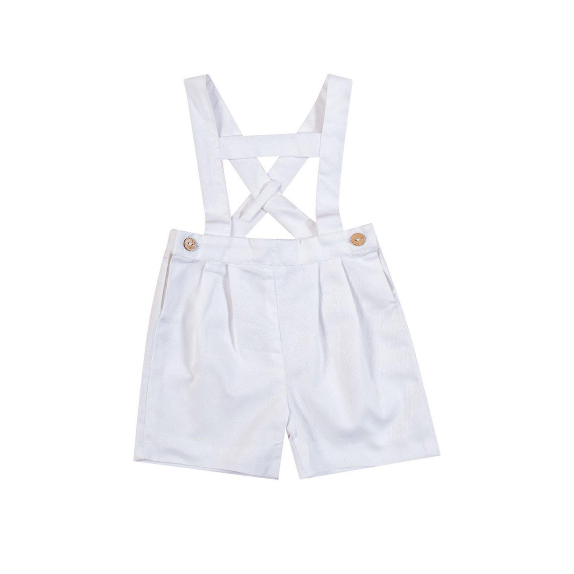 Elias, salopette garçon barre élevée H, en piqué de coton blanc - boy's high bar dungarees H, in white cotton piqué