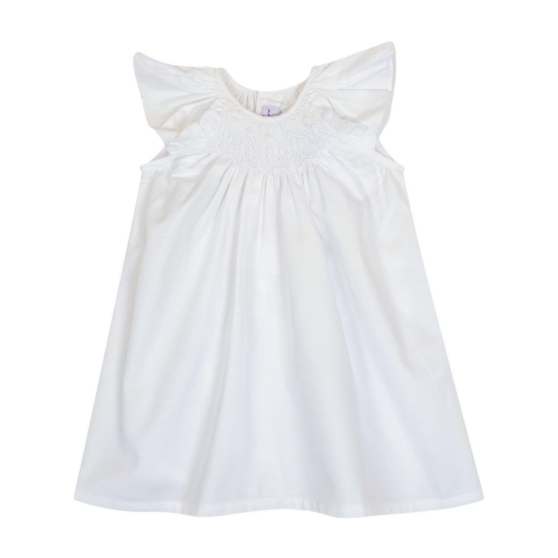 Glaïeul, blouse blanche à manches papillons, col rond entièrement smocké, ouverture dans le dos, en piqué de coton blanc - white dress with butterfly sleeves, fully smocked round neck, opening in the back, in white cotton piqué