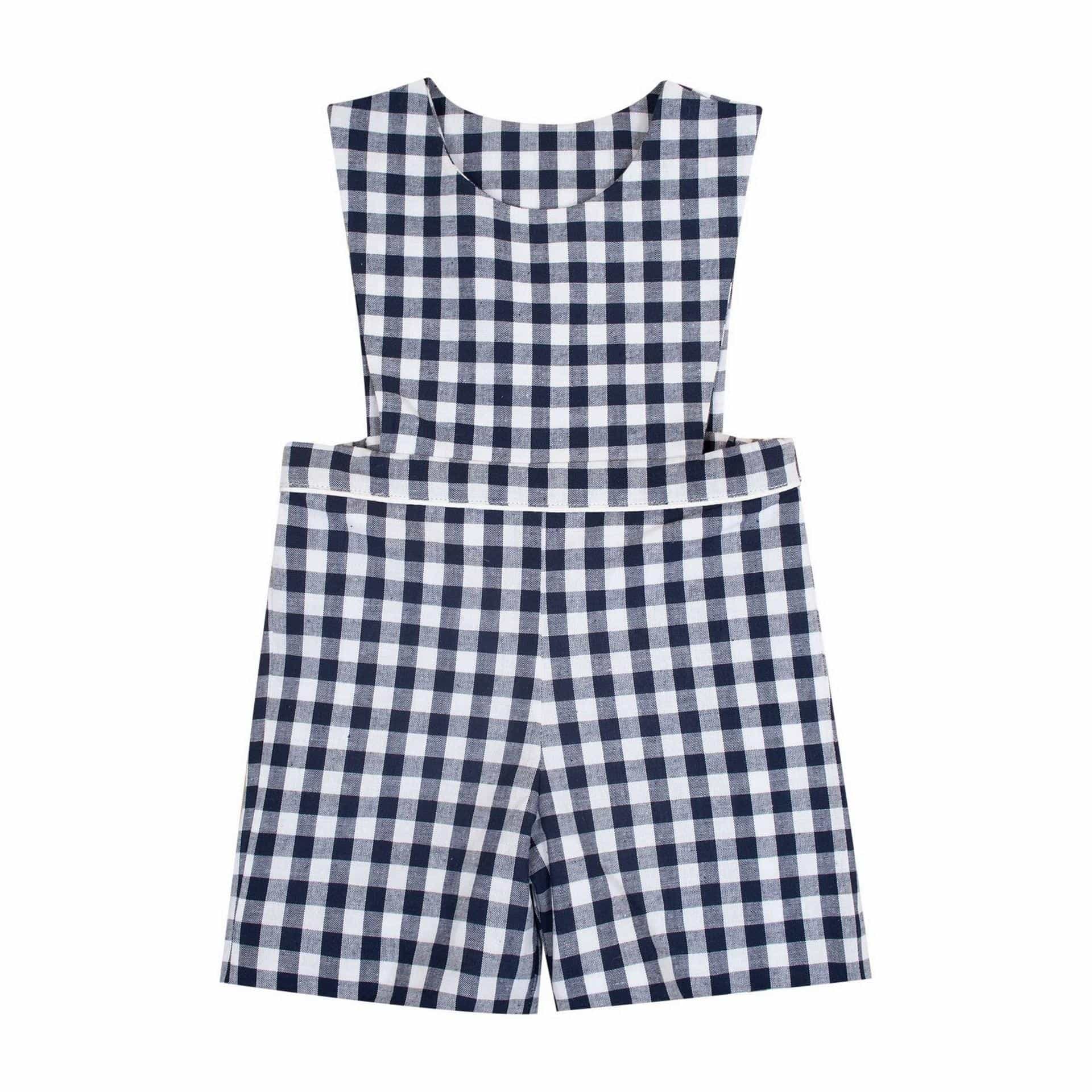 Lys, salopette garçon ouverture sur le haut avec 2 boutons pressions, en vichy marine 10mm - boy's dungarees opening at the top with 2 press studs, in navy gingham 10mm