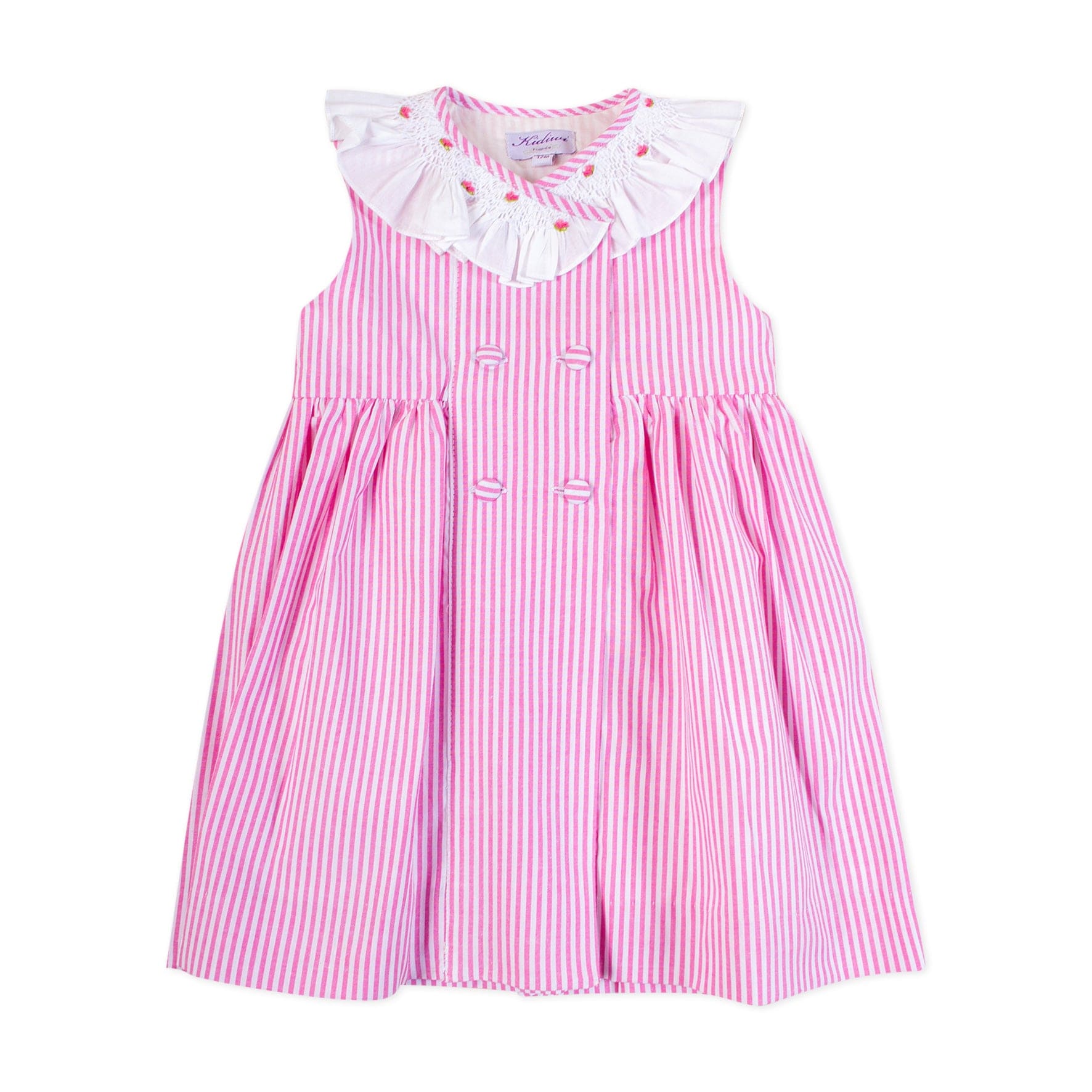 Robe rayée rose col smocké, double boutonnage