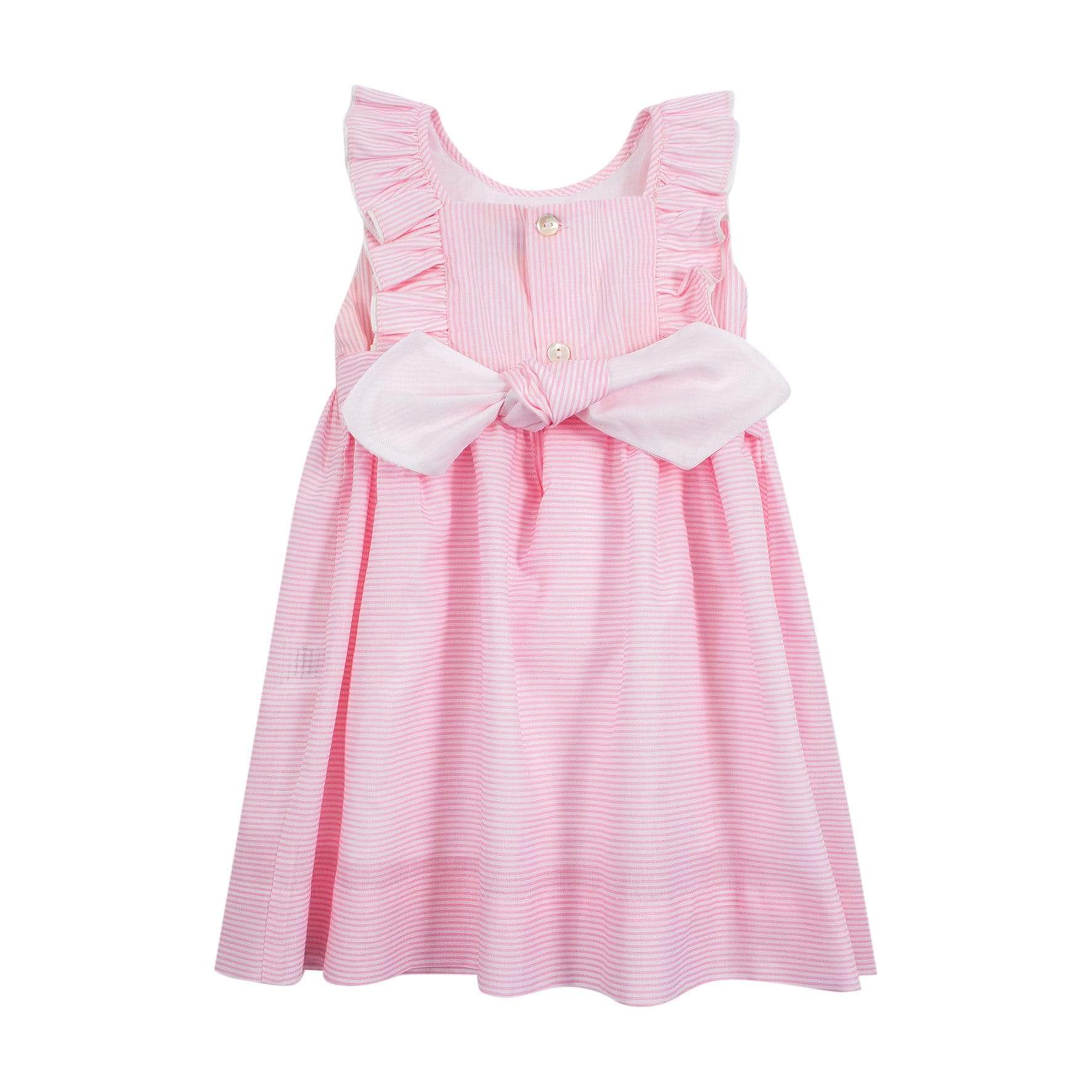 Robe smockée en rayé rose et col volant